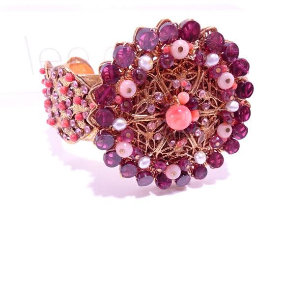 Vintage Lee Angel Crystal bead pearlized Circles Cuff Statement Bracelet NWT 498 - Picture 3 of 10